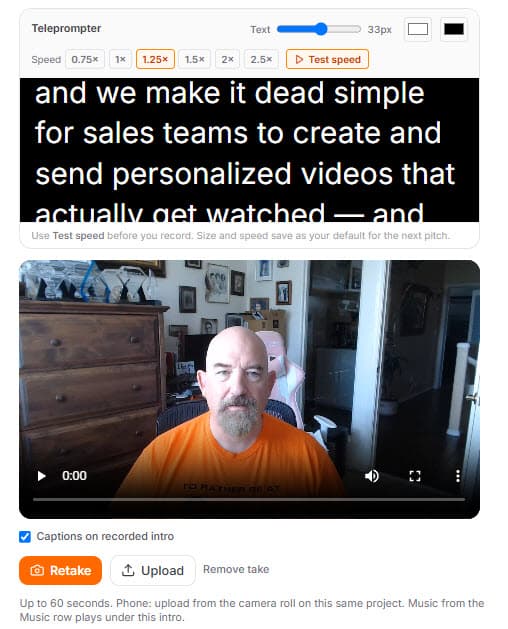 Recorded intro with a teleprompter and the seller on camera