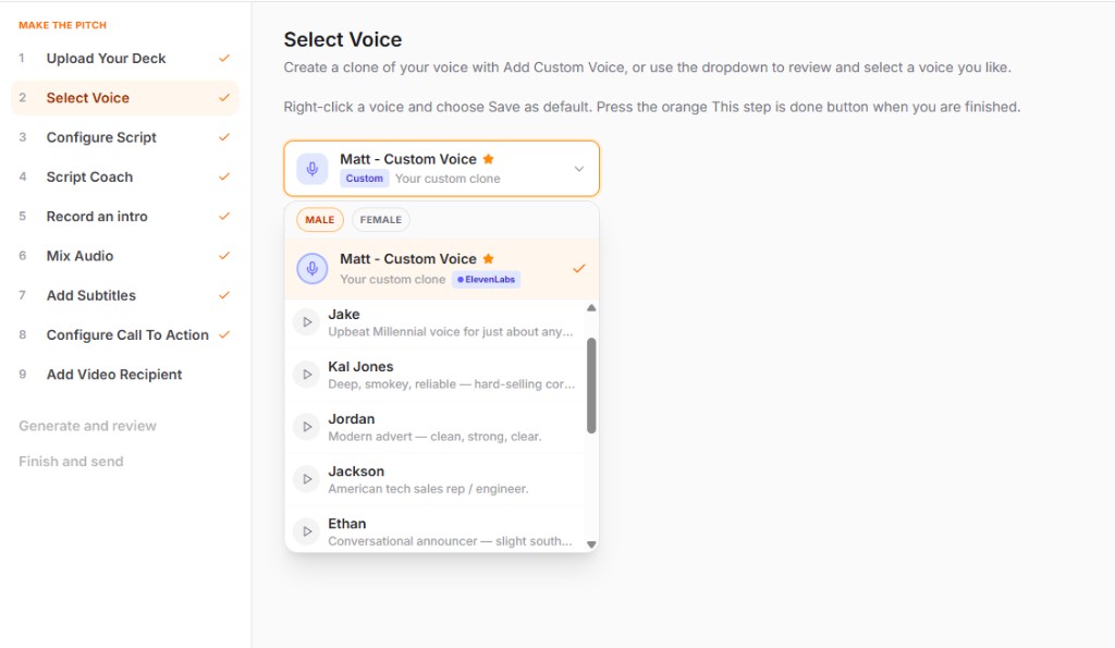 Voice picker showing a custom voice clone above a library of sales voices