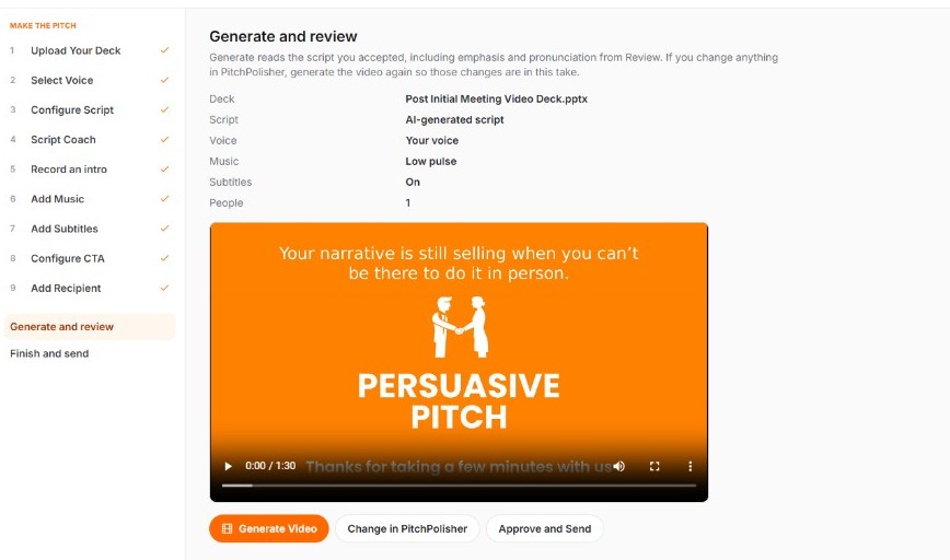 Generate and review, before the pitch is shared