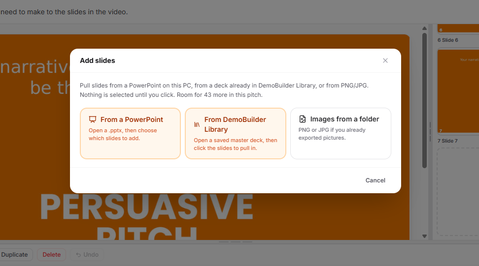 Add slides from a presentation on this computer, the Builder Library, or image files